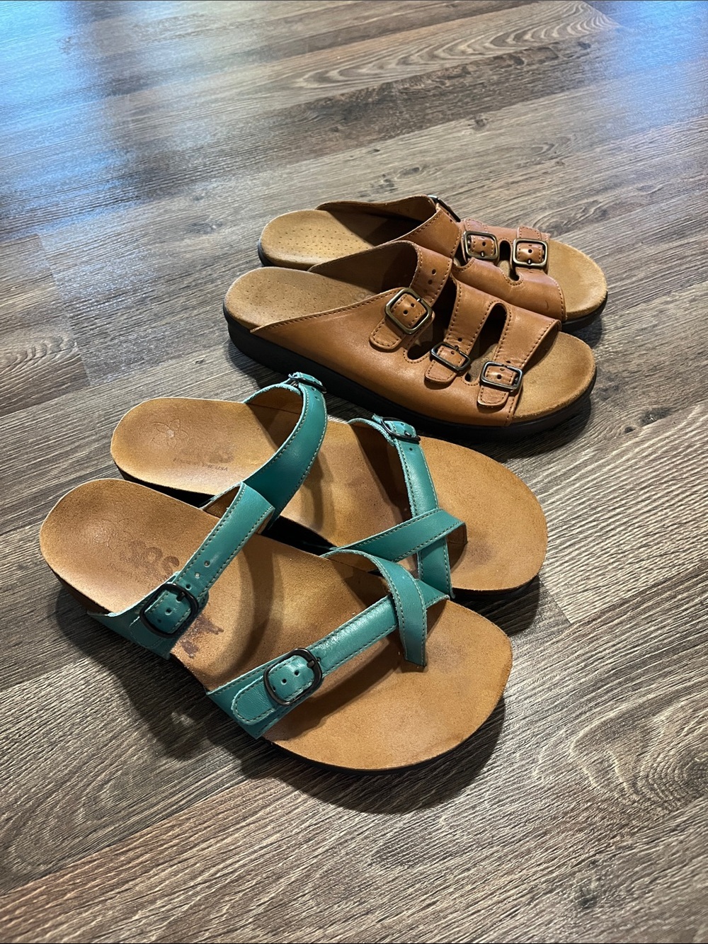 SAS Brown Triple-Buckle Sandals & SAS Teal Crisscross Sandals Lot of Two